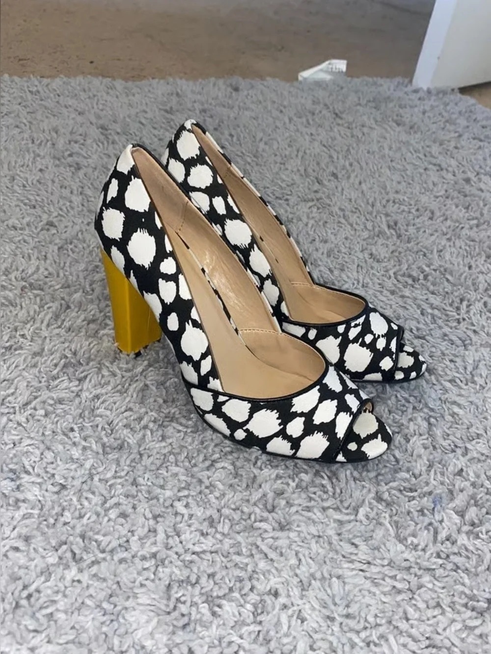 Black & White Peep-Toe Chunky Heels with Yellow Block Heel